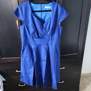 NWOT Blue Retro Fit and Flare Midi Dress with Cap Sleeves